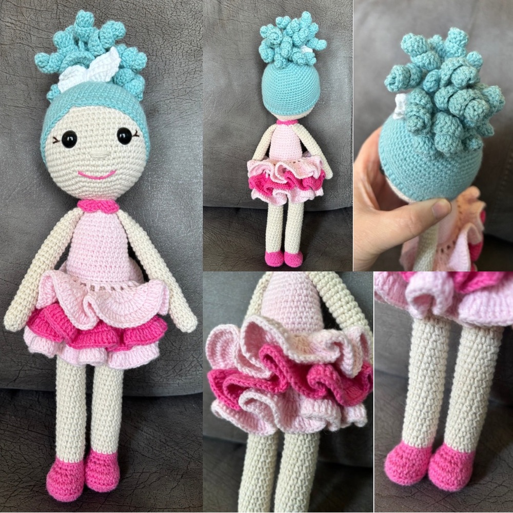 Handmade Crochet Doll with Pink and Blue Outfit